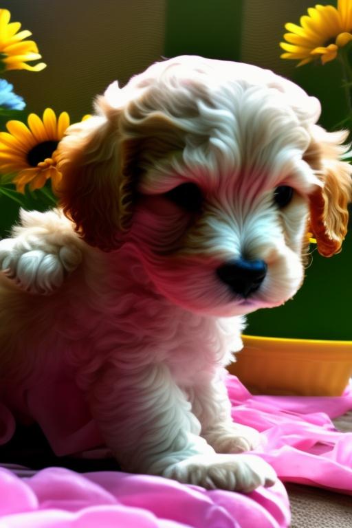 Cavapoo puppies with flowers in the background
